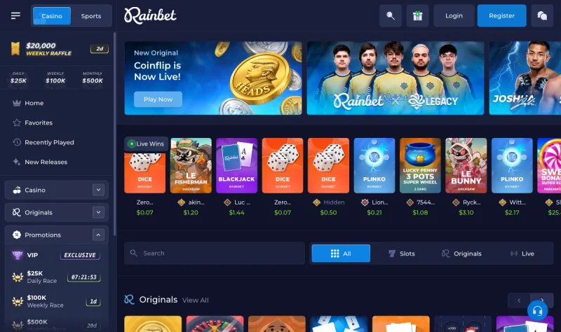 Rainbet casino lobby with games grid and filter tabs