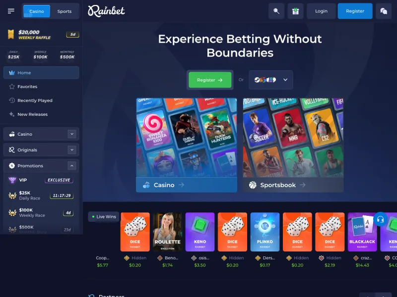 Rainbet desktop homepage hero and race rail