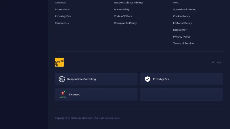 Rainbet site footer with operator and licence badges