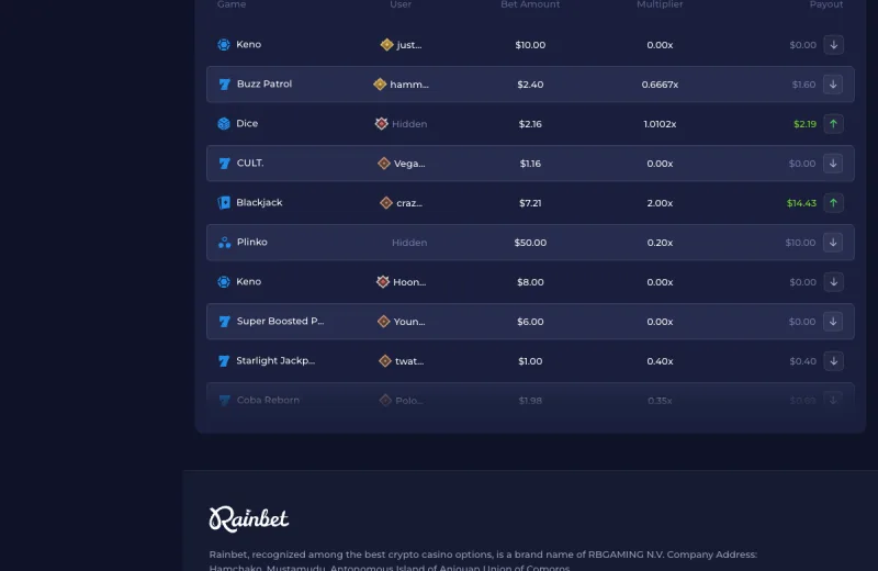 Rainbet live-bets ticker showing crypto payouts