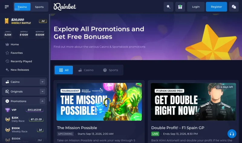 Rainbet promotions page with current offers
