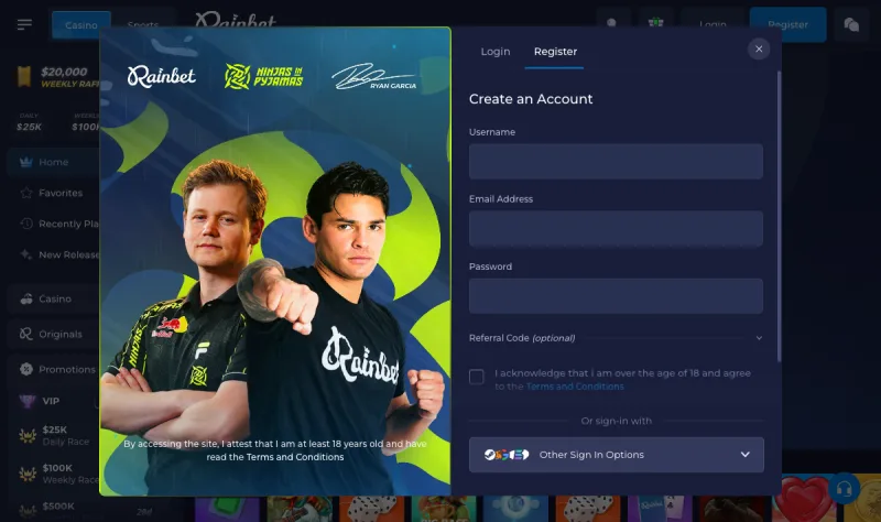 Rainbet create-account modal