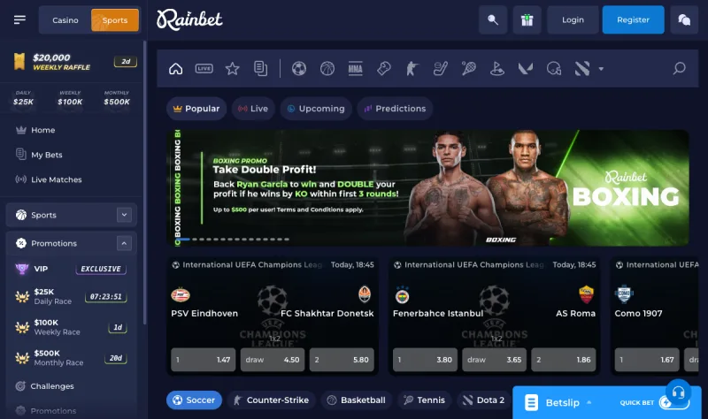 Rainbet sportsbook markets on desktop